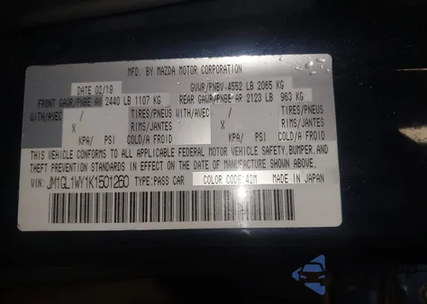 2019 Mazda Mazda6 Grand Touring Reserve z USA, uszkodzony, nr VIN JM1GL1WY1K1501260